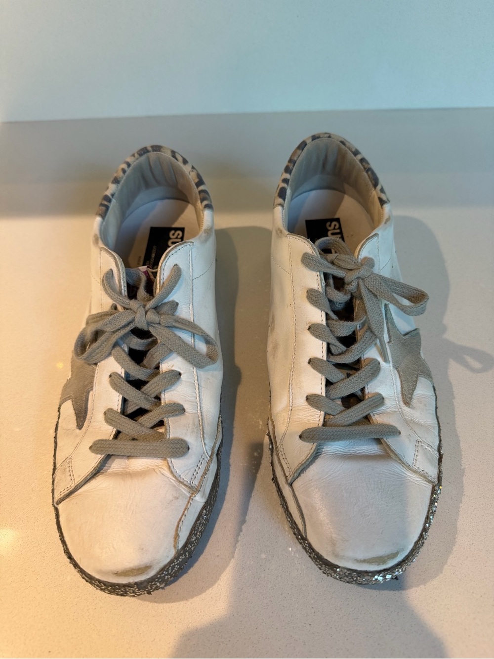 Golden Goose White Leather Low-Top Sneakers with Gray Star and Glitter Trim